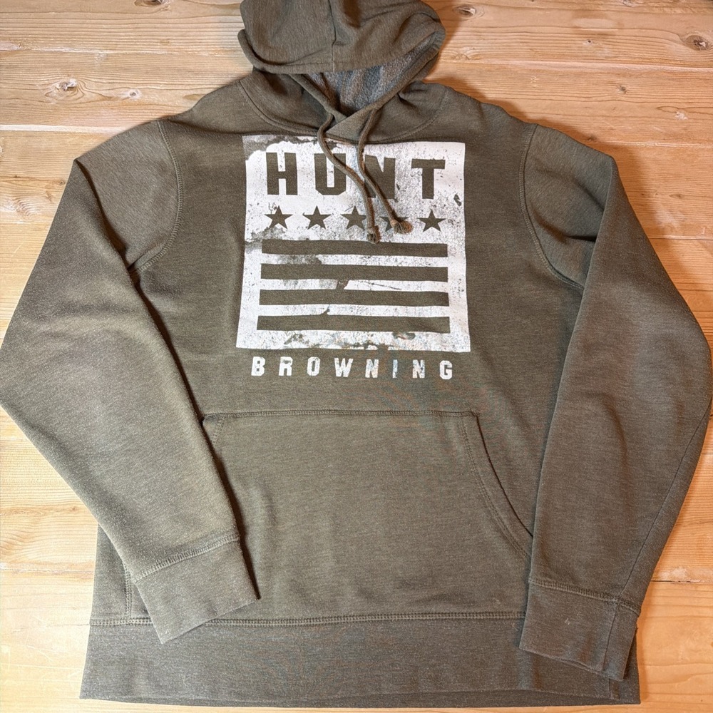 Browning Hoodie, Men's Size M, Green, Pullover,‎ Long Sleeve, HUNT, USA Flag